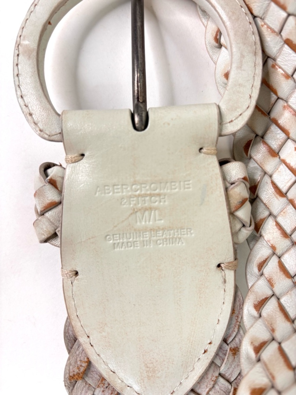 Wide Leather Abercrombie & Fitch VTG Braided Cream Beige Rustic Belt Oval Buckle - Picture 3 of 11